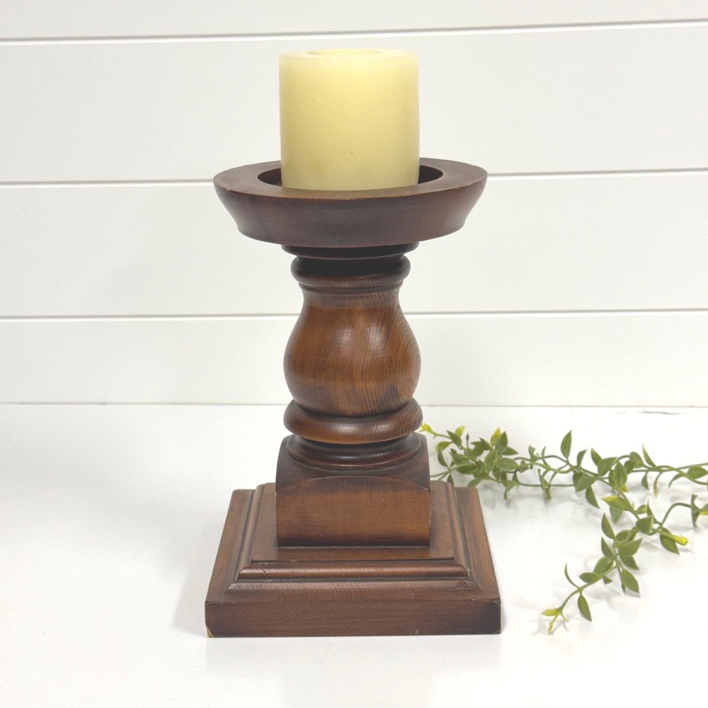 Vintage Wood Pillar Candle Holder Turned Pedestal Square Base Brown Chunky Wood